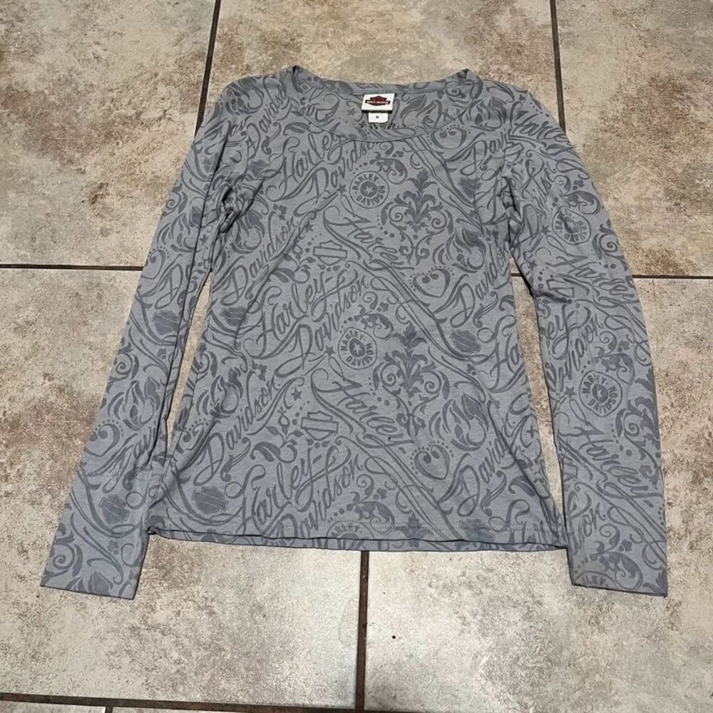 Vintage Harley Davidson All Over Print Grey Long Sleeve Top size medium